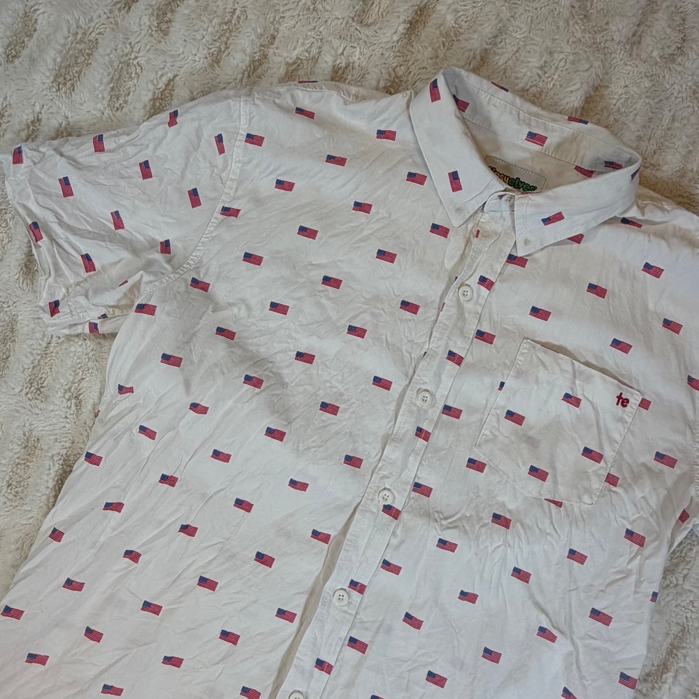Tipsy Elves Mens XL American Flag Button Down Shirt Short Sleeve White Patriotic